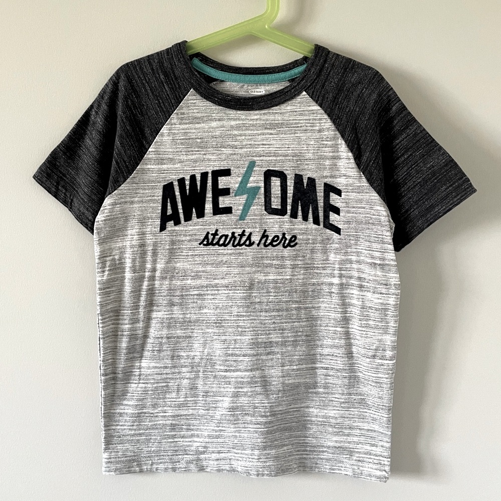 Old Navy Boys ‘Awesome Starts Here’ Baseball Raglan T-Shirt - Grey, Black & Blue